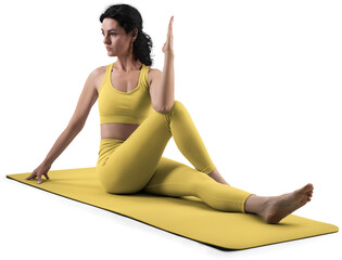 Mockup of yellow floor mat, yoga tracksuit, top, leggings on trainer woman, png, side view