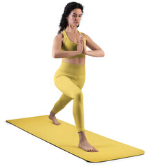 Mockup of yellow floor mat, yoga tracksuit, top, leggings on trainer woman, png, front view