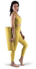 Mockup of yellow floor mat, yoga tracksuit, top, leggings on trainer woman, png, side view