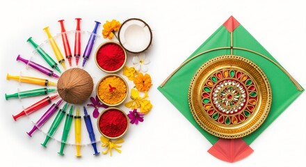 Makar Sankranti Festival Flat Lay with Colorful Kites, Manjha Spools and Traditional Sweets