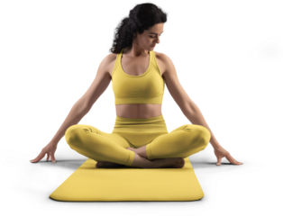 Mockup of yellow floor mat, yoga tracksuit, top, leggings on trainer woman, png, front view