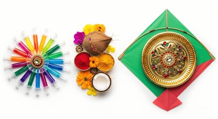 Makar Sankranti Festival Flat Lay with Colorful Kites, Manjha Spools and Traditional Sweets