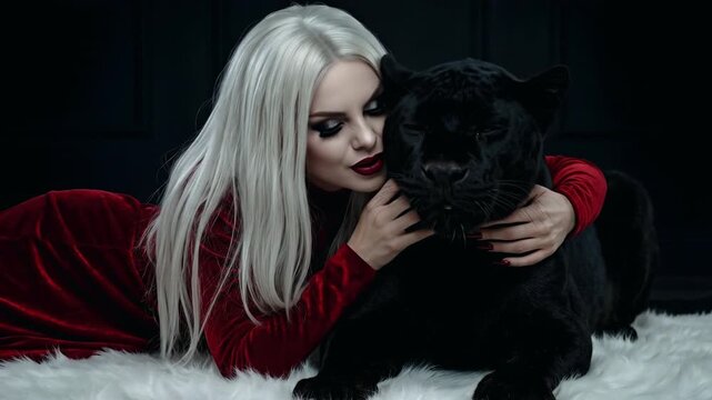 Morana Vampire With White Hair Embraces Panther Revealing Fangs