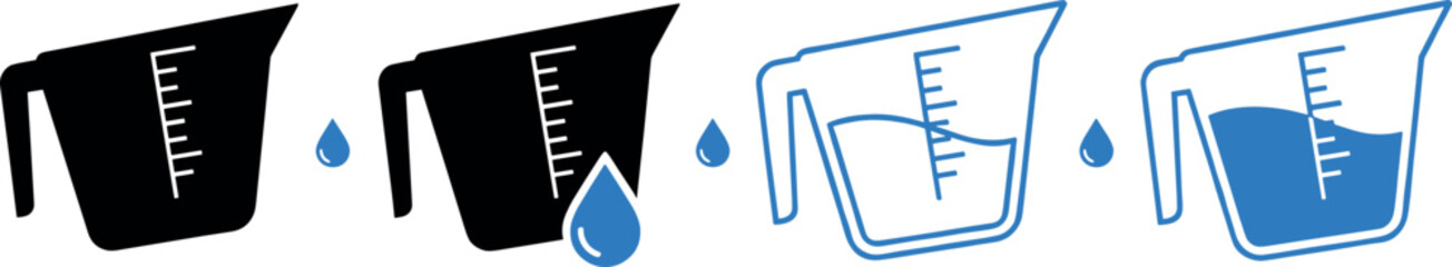 Measuring cup and liquid volume icon set vector illustration showing pouring water drops and measurement levels for cooking, baking, laboratory, and kitchen measurement design