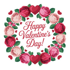 The image is a circular Valentine's Day card design featuring a wreath of pink and red roses combined into a heart shape. In the center is written 'Happy Valentine's Day!' A damn, elegant font.