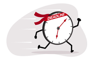A clock runs quickly, wearing a "DEADLINE" sash, symbolizing the urgency and haste of approaching a task deadline.