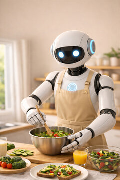 A humanoid home assistant robot preparing a healthy breakfast with fresh vegetables in a modern kitchen.