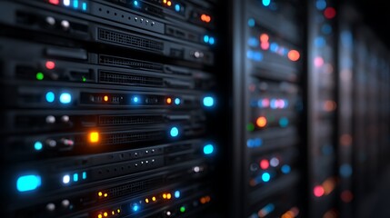 Close-up of rows of server racks with blinking lights in a data center