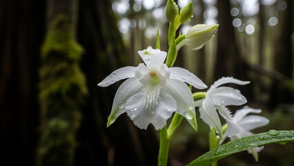 Beautiful White Orchid Flower in Misty Forest with Water Drops