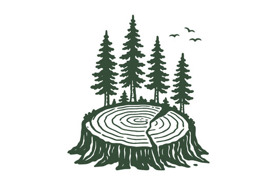 Tree stump with pine forest silhouette icon vector illustration