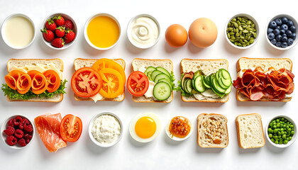 Neatly arranged flat lay of diverse breakfast sandwich ingredients on a white background, featuring fresh produce, proteins, and spreads for healthy and customizable morning meals