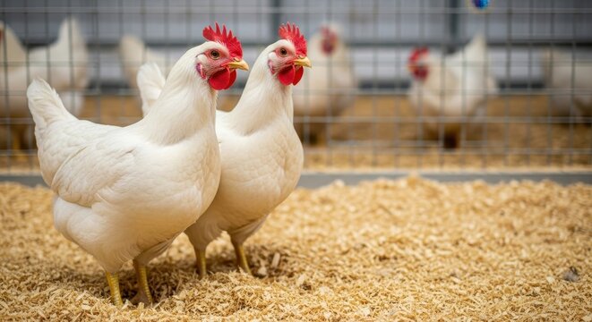 Two white chickens with prominent red crests standing on straw bedding in a farm enclosure