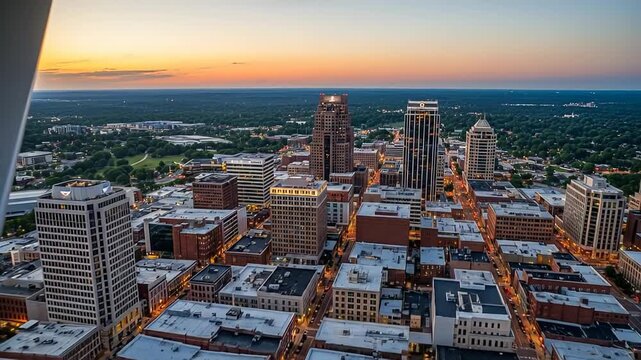 Dramatic aerial view of a city skyline at sunset featuring tall buildings, rooftops, and sprawling urban panorama.