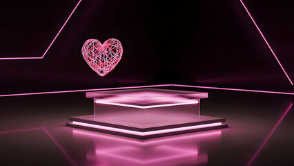 A luminous pink wireframe heart floats above a glowing geometric podium in a dark, futuristic setting.