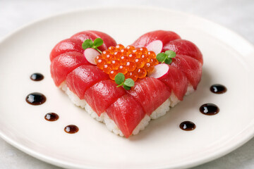 Heart Shaped Sushi Platter With Fresh Tuna And Salmon Roe On White Plate