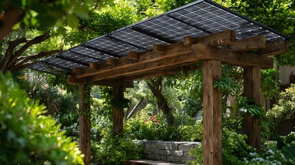Sustainable energy shot of solar panels mounted on a wooden pergola structure in a lush green garden with sunlight glinting off the cells.