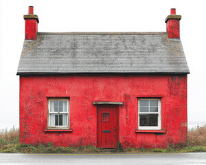 Charming rustic red cottage with symmetrical windows and central door isolated on white background with weathered texture and simple pitched roof architecture