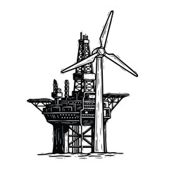 A powerful hand-drawn illustration contrasts an offshore oil rig with a modern wind turbine, symbolizing the ongoing global energy transition from fossil fuels to sustainable power.