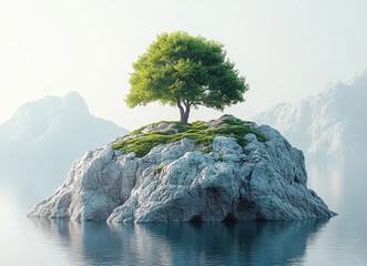 Isolated small rocky islet with lush green tree on surface surrounded by calm reflective water and distant misty mountains under soft daylight sky