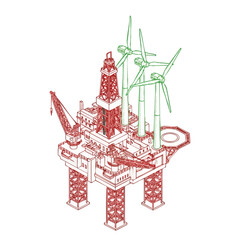 This compelling graphic illustrates the conceptual integration of a red offshore oil platform with green wind turbines, representing the global energy transition.