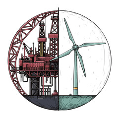 This striking visual juxtaposes an offshore oil rig with a wind turbine, symbolizing the critical global shift from fossil fuels to sustainable, green energy.
