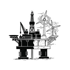 A conceptual illustration beautifully contrasting an oil drilling platform with sustainable offshore wind turbines, symbolizing the global energy transition to clean power.