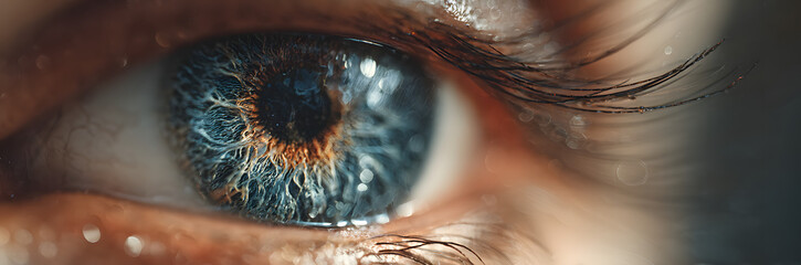 Extreme close-up of an eye showing detailed iris and eyelashes, highlighting textures and patterns, ideal for ophthalmology or biometrics, World Sight Day