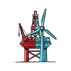 A vibrant illustration contrasts an offshore oil drilling platform with a modern wind turbine, symbolizing the critical global energy transition to sustainable power.