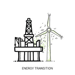 Hand-drawn illustration symbolizing global energy transition, contrasting offshore oil rig with modern wind turbine, representing a greener future.