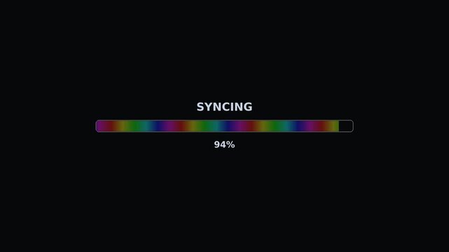 Animation displays a progress bar indicating syncing activity reaching one hundred percent. The bar features a colorful gradient. The background is dark, emphasizing the progress.