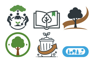 Icons for community tree planting projects, environmental education, and green branding.