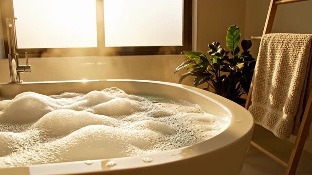 Serene Spa Retreat Bubbling Bath In Warm Sunlight An Oasis Of Relaxation And Well Being