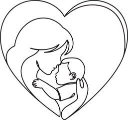 Fototapeta premium Mother and Baby Heart Illustration in Line Style for Maternal Love Care and Family Concept Design