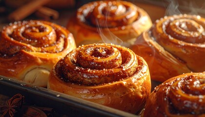 Food dessert pastry tasty cinnamon rolls shown in a closeup with soft layers golden crust sweet glaze warm texture fresh baked look inviting aroma comfort home bakery style treat presentation