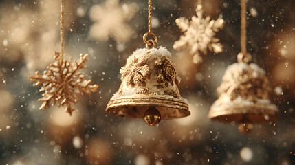 Festive holiday scene with shiny golden bells and snowflakes