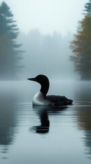 Common loon gliding on calm misty lake at dawn with reflections and blurred forest background early morning tranquility nature wildlife bird waterfowl quiet scene