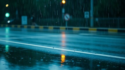 Rain falling on a wet city street at night with blurred lights.