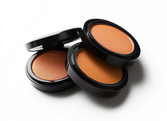 High quality close-up of three open black compact makeup powders in varying warm shades on white background for cosmetic beauty advertisement and skincare promotion concept image