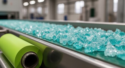 Clear glass-like plastic pellets moving on an industrial conveyor belt in a manufacturing facility
