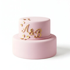 Pink wedding cake with gold decorations and initials