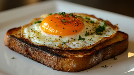 Close-up of perfectly cooked sunny side up egg with sprinkled herbs and black pepper on golden toasted bread on white plate breakfast meal concept