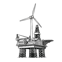An intricate hand-drawn illustration of a hybrid offshore platform, merging an oil rig with a wind turbine, symbolizing future sustainable energy.