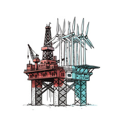 Offshore oil rig transformed into a renewable energy wind farm, symbolizing energy transition and sustainability.