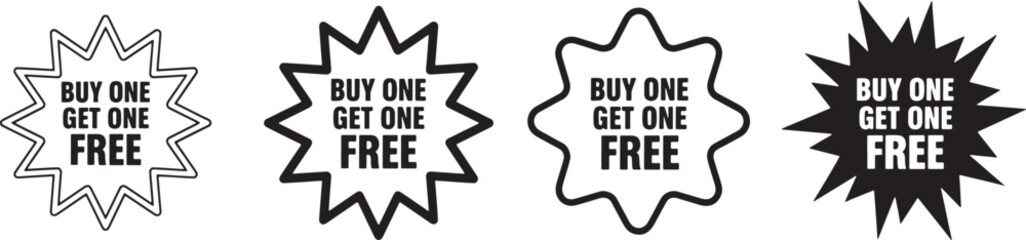 Buy One Get One Free Starburst Badge Icon Set in Outline Filled and Bold Styles for Sales Promotion