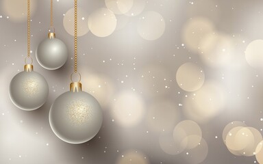 Elegant silver christmas ornaments with golden bokeh background