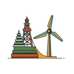 Illustrating the transition from fossil fuels to renewable wind energy with industrial structures.