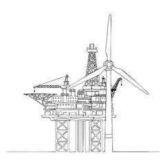 Offshore wind turbine platform integrates with oil rig structure for sustainable energy generation.