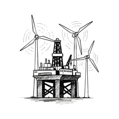 Offshore oil rig and wind turbines symbolize the transition to renewable energy sources in a hand-drawn illustration.