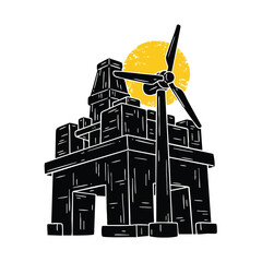 Stylized illustration of an offshore oil rig integrated with a wind turbine, symbolizing renewable energy transition.