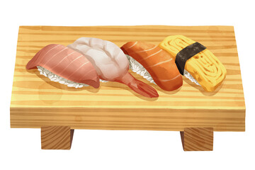 Premium realistic hand-drawn watercolor illustration of sushi set on a wooden geta includes tuna nigiri, shrimp, salmon and tamago or sweet omelet. Isolated on white background.